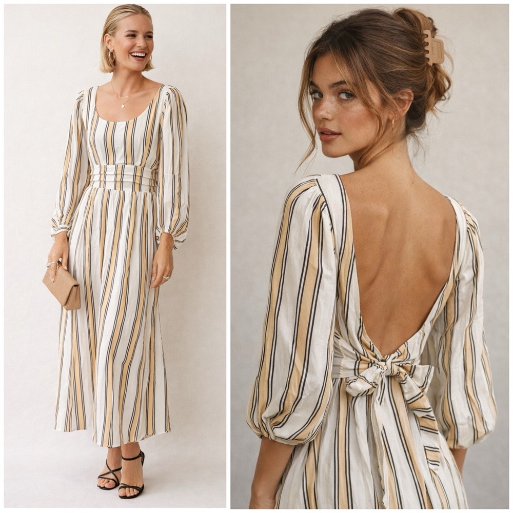 NWT VRG GRL Tularosa Linen Midi Dress in Apricot Spritz Stripe Yellow/Black
